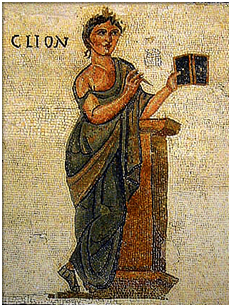A mosaic depiction of Clio, the classical muse of history, holding a book.
