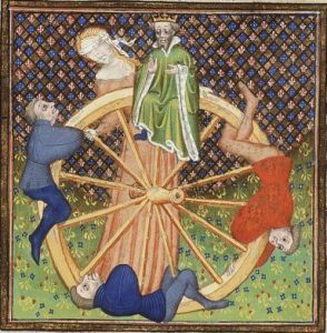 Medieval illustration of figures rising and falling around the wheel of fortune.