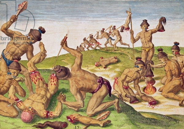 How the Indians Treated the Corpses of their Enemy, from 'Brevis Narratio..', engraved by Theodore de Bry (1528-98) published in Frankfurt, 1591 (coloured engraving)